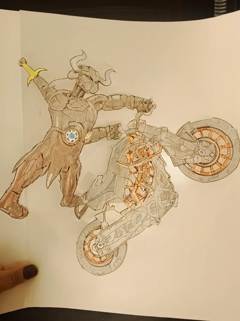 In a futuristic world, the warrior Kael, dark skinned and sparkling eyes, rises as the last defender of humanity. His left arm, a marvel of technology, It's a robotic prosthetic with glowing circuitry and superhuman strength.. In his gaze, determination and mystery, it's a viking on a motorcycle,