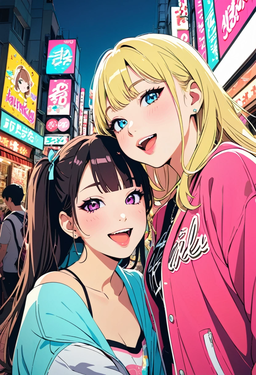(masterpiece, best quality:1.1),
popart style,flat color,(two girls),cute face,tween Gal,(enjoying purikura),(Harajuku,tokyo),erotic fashion,beautiful detailed scenery, friendly,very happy,beautiful lighting,dynamic angle,depth of field,photographic portrait, sharp,(ahegao),