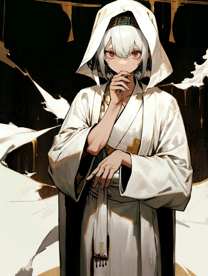 full-length, guy, short hair, white robe, torn robe, hieroglyphs on the robe, empty eyes, hands without hands