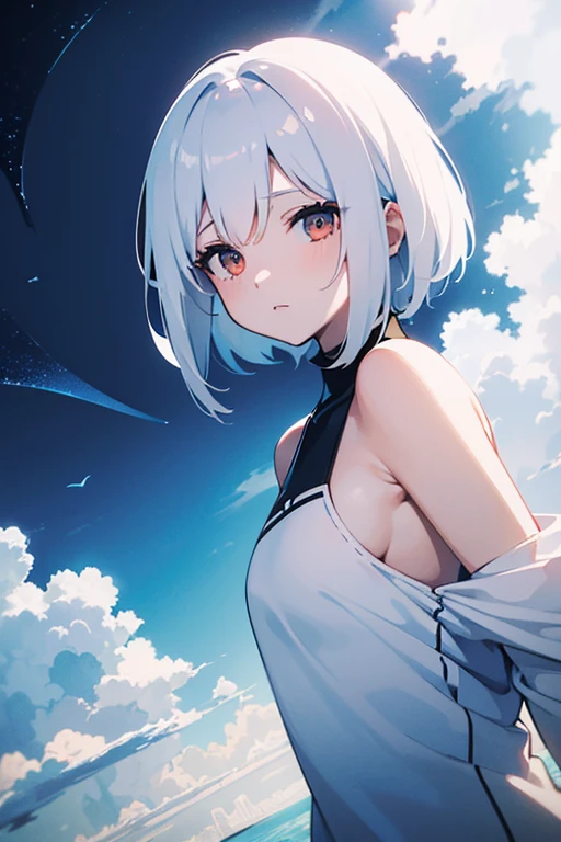 (white short hair)(red eye)(Eyes without highlights)(In the sky)(midnight)(Gloomy environment)(Eyes emit blue U-light)(Riding a big dark blue whale in the sky)(whole body)(Far viewing angle)4K