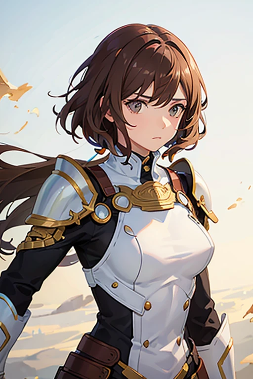 Woman with short wavy brown hair, with white armor, sad face, Brown eyes