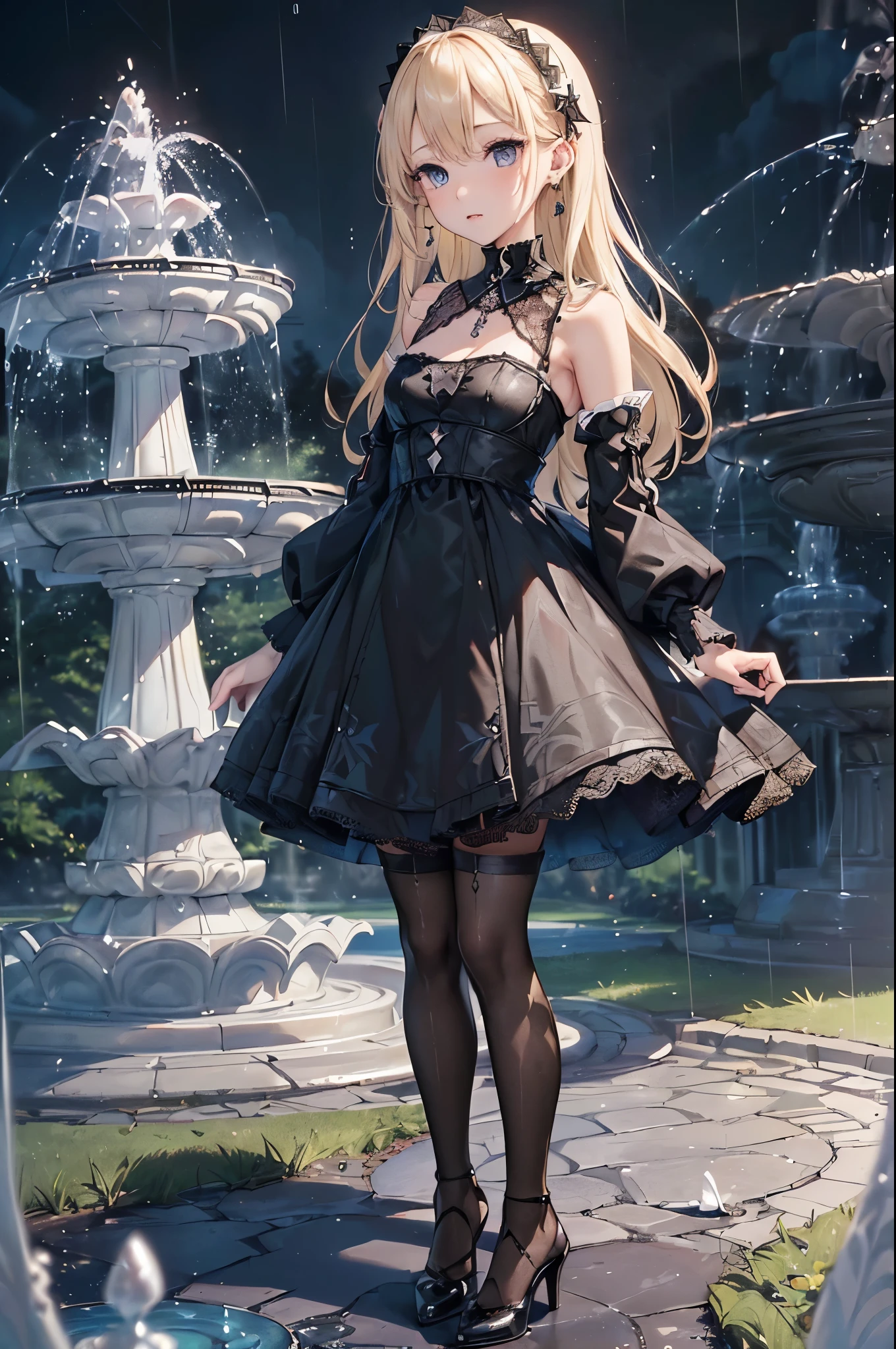 ((Biologically correct limb count))、(( From head to toe、Full-body photo including face))、4K、((Standing position))、masterpiece、((Focus on the face))、((Symmetrical facial features))、Eyes with detailed description、Beautiful woman、Great style、Beautiful arms、Beautiful legs、Beautiful Hands、(Small Ass、Thin thighs)、Facial detailing、Small earrings、necklace、(White see-through gothic dress、((High heels、Patterned black stockings)))、((Standing in front of a fountain in a park, looking up))、(((Letters are falling from the sky)))、Close-up photo of the upper body、Lace gloves、Blonde、rain