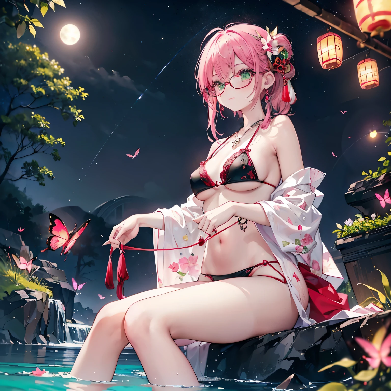 low angle,from below,(wearing elegant pink frame glasses),
(beautiful pink and green butterflies and dragonflies all over the place),colorful flowers,fantasy beams and lights,
((masterpiece:1.4, best quality)), ((masterpiece, best quality)),wet full body, bathing in the water,(beautiful emerald green lake),water splash,lovely laugh,((sexy colorful japanese yukata)), ((black and red elegant string tied summer bikini)), (Lace chalker, wristband, diamond necklace,earrings),cinematic lighting and pause,beautiful natural mysterious park,night sky,full moon,(beautiful pink and red butterflies and dragonflies all over the place),
