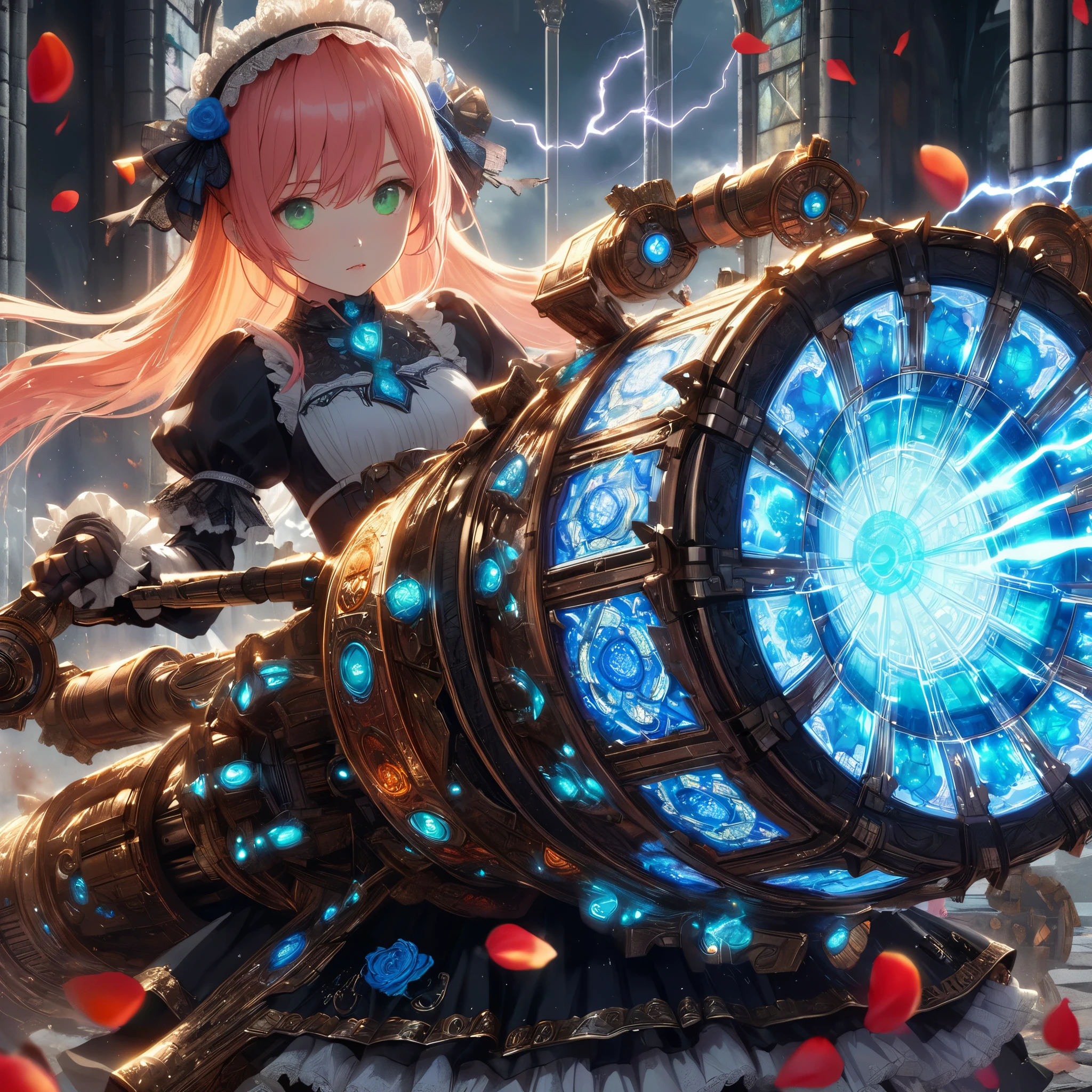 High-resolution rendering、Pink-haired, green-eyed black maid with a giant volt cannon、A gigantic Volt Cannon that is significantly larger than her head.、Detailed Vault Cannon、Blue and orange volt cannon。The Vault Cannon is engraved with intricate geometric stained glass patterns.、Shooting lightning。She points the Volt Cannon at the viewer.。Full Body Shot。In the background, it is pitch black with ruins.、The falling rose petals create a fantastic atmosphere.。An anime with delicate lines drawn using soft brushstrokes like watercolorultiple cels are layered to create the texture of ink.。Quality depicted through pinpoint detail。Full Body Shot