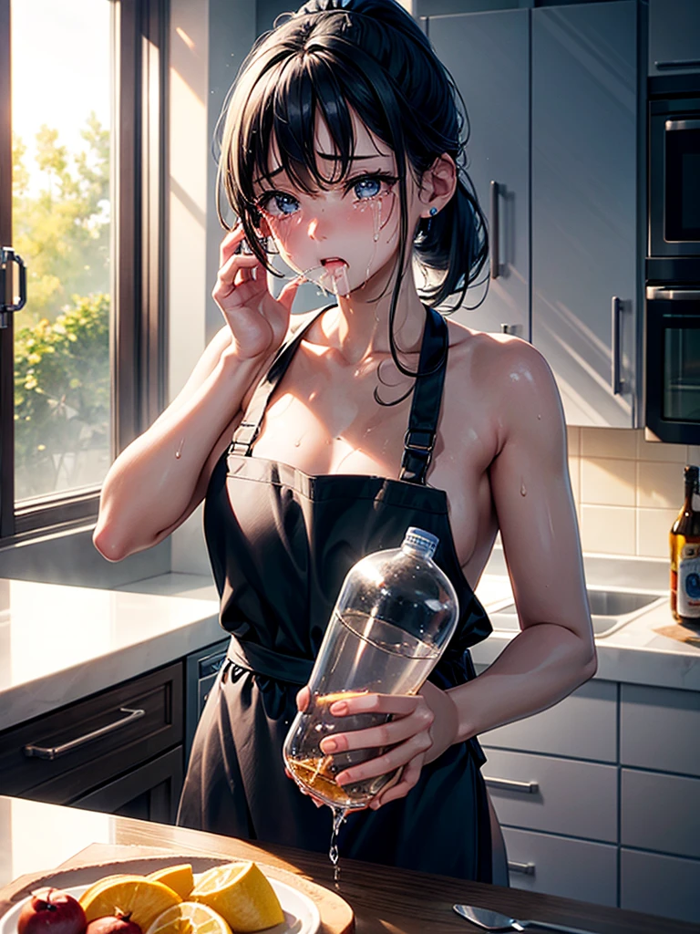 Highest Resolution,Highest quality,A crying beautiful girl in a nude apron drinking water from a plastic bottle,kitchen,Tears,Open your mouth and drool,whole body,front,Sweat profusely,Beautiful eyes,Lots of saliva,Black hair ponytail,