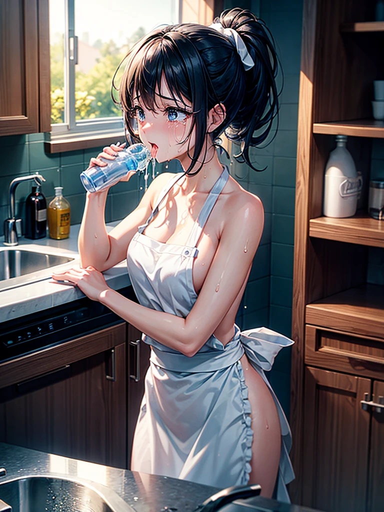 Highest Resolution,Highest quality,A crying beautiful girl in a nude apron drinking water from a plastic bottle,kitchen,Tears,Open your mouth and drool,whole body,front,Sweat profusely,Beautiful eyes,Lots of saliva,Black hair ponytail,