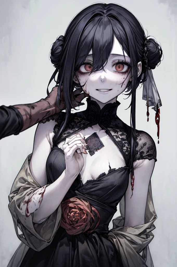 (masterpiece: 1. 2, Highest quality), (Actual photo, Intricate details、Anatomically correct), (1 female, Upper Body, Small breasts、With eyes wide open, Scary atmosphere, Distorted facial expressions, 邪悪なsmile, Bleeding from the eyes, Blood splatter, whole body, China dress, Twin-tailed bun、Black Hair, (Dark circles under the eyes), pale, Ill, Sickly, 邪悪なsmile, Crazy Eyes, ( smile), Dramatic makeup, Mixed Media Art, White Background