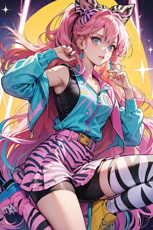 She has light brown skin and fuchsia lipstick with fain pink blush. Her blue eyes are hidden behind large white sunglasses with pink lenses. Her orange hair is pulled back into a high ponytail, with her fuchsia bangs left loose at the middle of her forehead. She wears a neon yellow long-sleeved top paired with a turquoise short sleeved hoodie, a fuchsia pleat skirt with orange bows and frilly petticoat. Her neon yellow and black boots are paired with frilly white socks and neon blue and fuchsia striped tights. SPARKLE; GLITTER