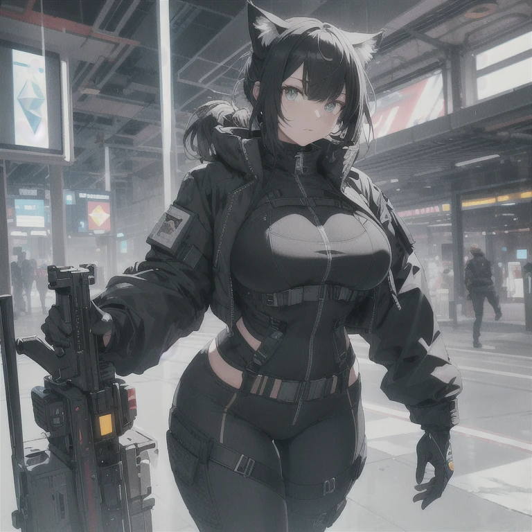 Absurd resolution, high resolution, (masterpiece: 1.4), hyper-detail, full body shot, solo, 1 kemono feline cat woman, humanoid, no skin other than neck and head shown, black hair, messy ponytail, cute face, detailed soft grey luminous eyes, huge massive hyper super swollen heavy breasts, breasts so big that cover her whole torso and are bigger than her head while being so big they reach her belly button, extremely super large swollen perky heavy bust, super huge enormously gigantic tits, gigantic bursting out of her top, inflated breasts, breasts_expansion, super gigantic swollen heavy tits, wide full hips, narrower torso and shoulders, smaller torso, full thicc big soft thighs, thicc thighs, big rounded full soft butt, thicc butt, ruggedized utility styled outfit, fully insulated suit, full body outfit coverage with no skin showing or revealed, airtight/watertight zippers and seals, scifi monochrome black and grey fullbody covering protective padding rugged loose-fitted pilot utility suit, white zipped utility cropped top for breasts support with a black strap horizontal across cleavage worn on top of suit, tactical strategic angular-patterned protective padding on hips and thighs and abdomen, practical/functional clothing, weather-proof durable clothing material, nylon clothing material, custom made clothing to fit and support large breasts, scifi padded rugged rigid high collar techwear jacket, armored high collar, white and black triangular decals and techwear iconography on apparel and clothing, techwear gloves, arm mounted strapped display scifi tablet/communication device/computer, ruggedized tech, ruggedized tech aesthetic, fitted utility pants, utility chaps, near future scifi, cyberpunk aesthetic, anime aesthetic, tactical aesthetic