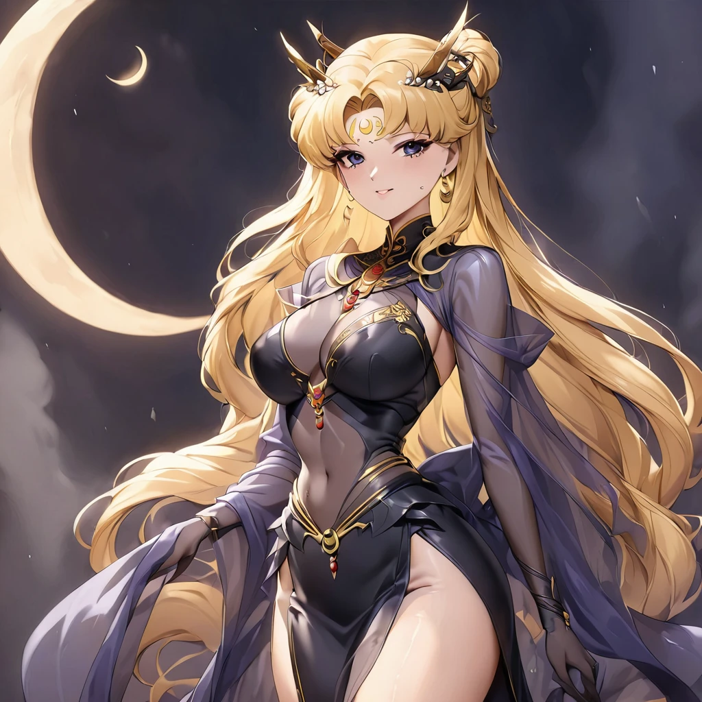 ((Highest quality)), ((masterpiece)), (detailed), （Perfect Face）、The woman is a dark queen with a black inverted crescent moon mark on her forehead, a gorgeous, glittering black see-through long-slit Chinese dress with gold embroidery, a black veil, a black see-through cape and gorgeous jeweled accessories.、The woman is Black Serenity, the noble dark queen of the Black Moon clan and has blonde hair.２The woman with long hair tied up is Princess Serenity