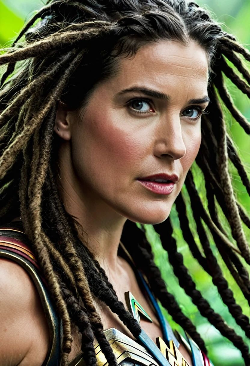 Extreme close-up Cobie Smulders under the mantle of the Amazon warrior Wonder Woman images Surreal cinematographic HD images Color Splash (((dreadlocks))),(((Diaema Wonder Woman))
