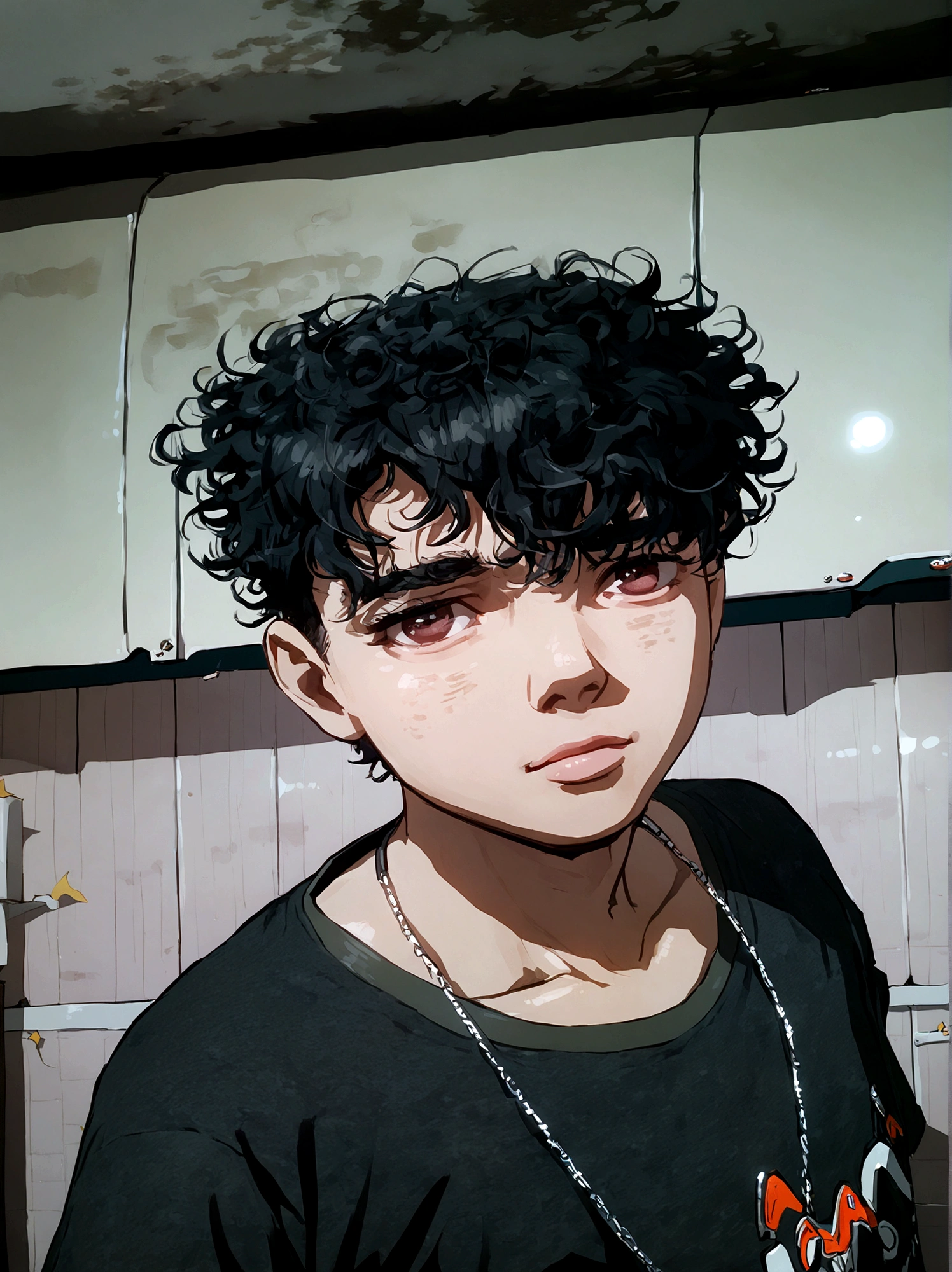 clear man, side shaved hair, curly hair, curly hair, eyes browns, Bblack hair, side shaved hair