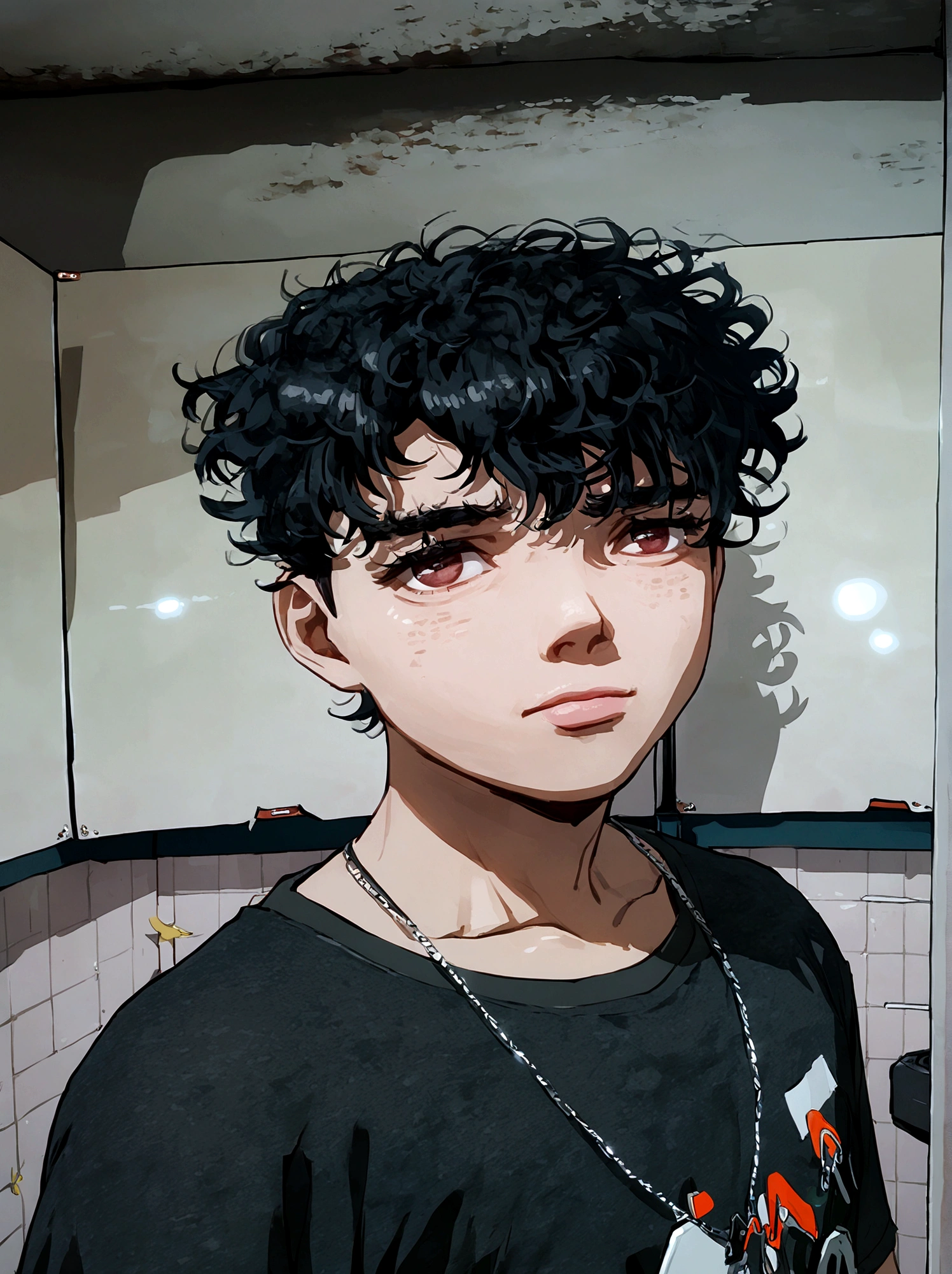 clear man, side shaved hair, curly hair, curly hair, eyes browns, Bblack hair, side shaved hair