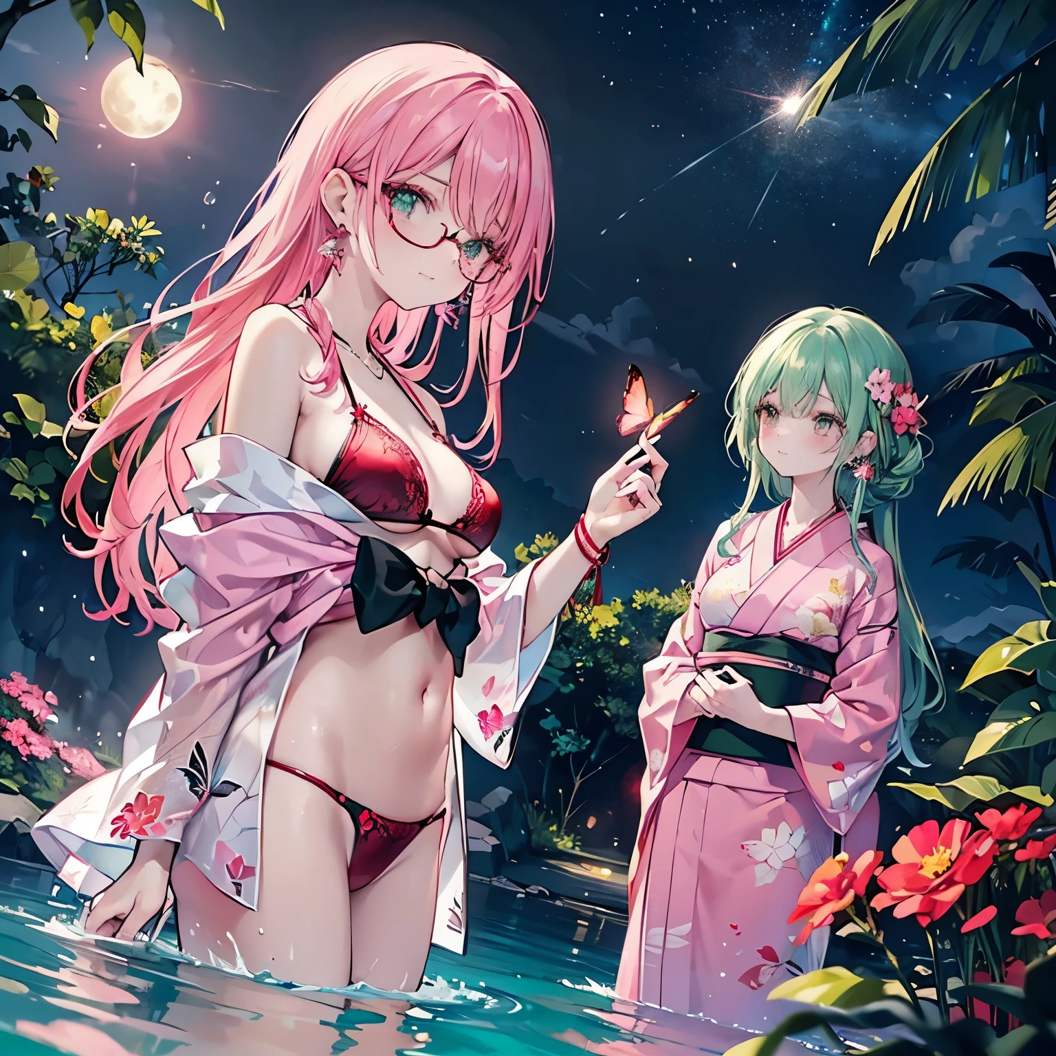 low angle,from below,(wearing elegant pink frame glasses),
(beautiful pink and green butterflies and dragonflies all over the place),colorful flowers,fantasy beams and lights,
((masterpiece:1.4, best quality)), ((masterpiece, best quality)),wet full body, bathing in the water,(beautiful emerald green lake),water splash,lovely laugh,((sexy colorful japanese yukata)), ((black and red elegant string tied summer bikini)), (Lace chalker, wristband, diamond necklace,earrings),cinematic lighting and pause,beautiful natural mysterious park,night sky,full moon,(beautiful pink and red butterflies and dragonflies all over the place),
