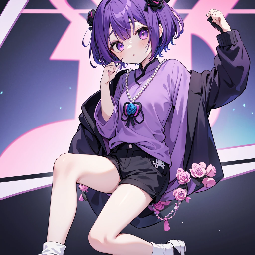 1 chibi girl, short purple hair, wearing dark blue chinese zombie styled long sleeve outfit, wearing blue green short pants, white socks and black flat shoes with pink rose ornament. purple eyes. wearing huge pearl bead necklace. absurdness, high res, ultrasharp, 8k, masterpiece, perfect face