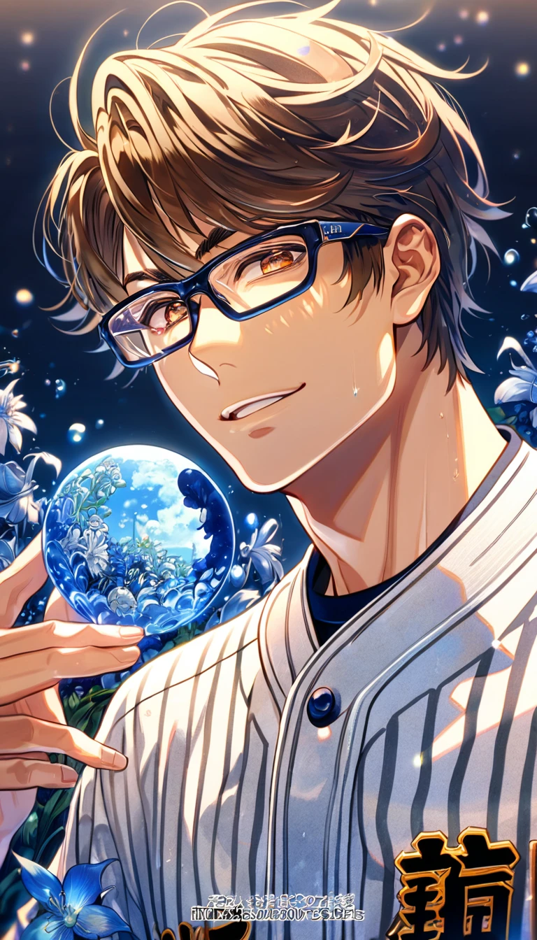 absurdres, highres, ultra detailed, HDR, master piece, Miyuki Kazuya, brown hair, expressive amber eyes, black glasses, white baseball uniform, Diamond No Ace, sexy man, handsome, best quality, blue moon, flowers, fantasy, magical, solo, water, blue shining fireflies, blue petals, handsome smile