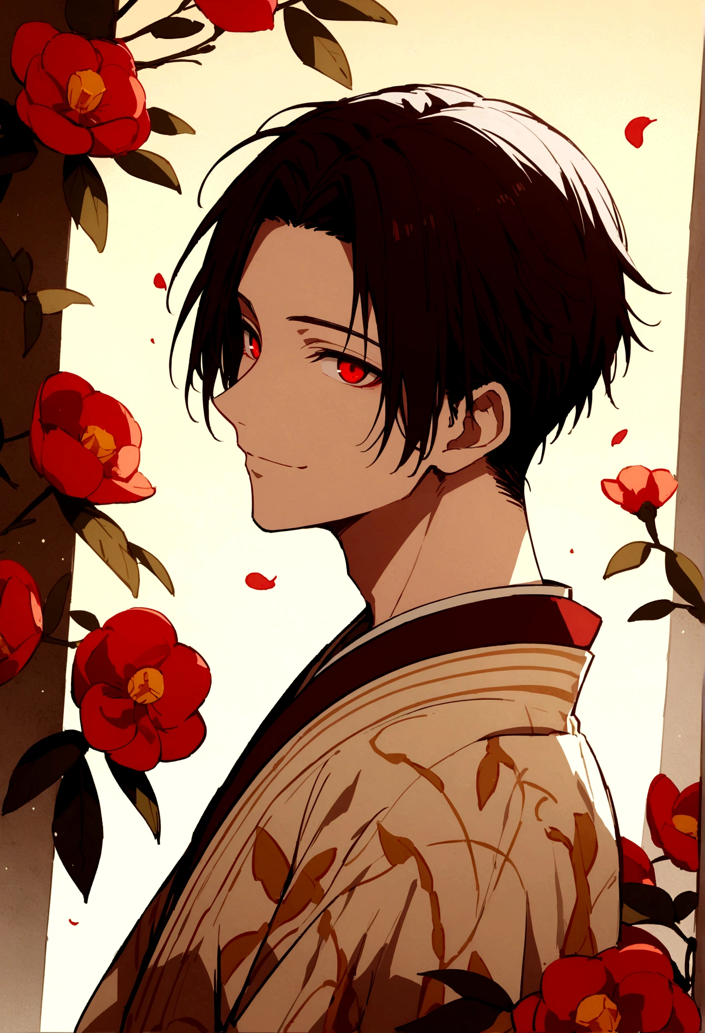 ((Red eyes))、引きつけるRed Eyes、smile、Crimson Eyes、Beautiful man、1 person、neutral、Black Hair、(Red Eyes)、Kimono with camellia pattern、smile、The nape is a little long、Serene atmosphere、beautiful、Are standing、ephemeral、Angle from the front、 High resolution, Super detailed、Male、Rakugo artist