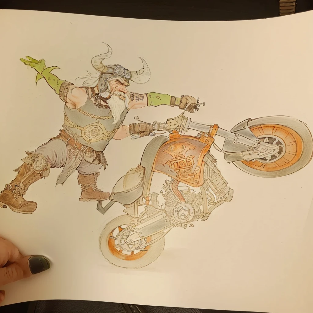 viking on a motorcycle with a helmet on, riding steampunk motorcycle, dnd character, full color drawing, dnd art, inspired by Alex Petruk APe, inspired by Heinrich Kley, d&d character, d & d character, orc themed, hog rider, colored drawing, riding in the town of doom, dnd fantasy character, inspired by Hans Bol