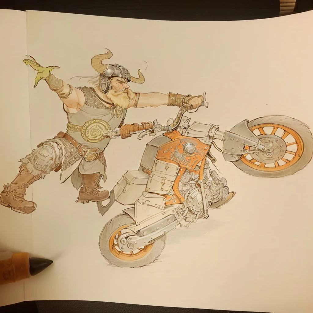 viking on a motorcycle with a helmet on, riding steampunk motorcycle, dnd character, full color drawing, dnd art, inspired by Alex Petruk APe, inspired by Heinrich Kley, d&d character, d & d character, orc themed, hog rider, colored drawing, riding in the town of doom, dnd fantasy character, inspired by Hans Bol