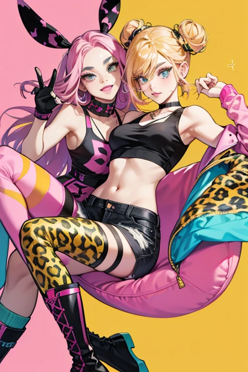 E.D.M.B.B. has pale skin and long orange, fuchsia and yellow hair with three buns on the front. She has fuchsia eyebrows, yellow eyeshadow and pink and orange lipstick. She wears a black necklace, a yellow and teal tank top with black leopard print, teal and yellow shorts with black leopard print, fuchsia fingerless gloves, pink criss-cross tights, a yellow boot and a teal boot and teal eyes. SPARKLE; GLITTER
