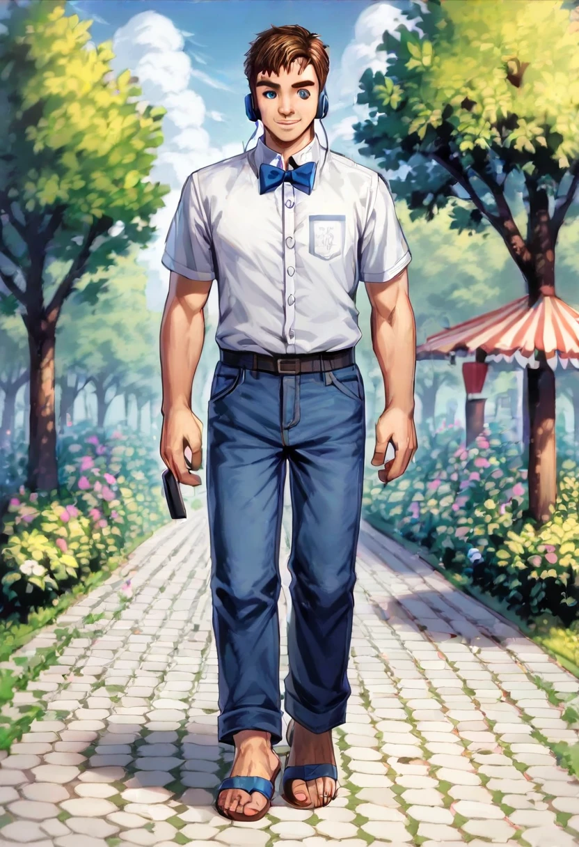 Hyperrealistic art, fluffy portrait, bright colors, full body image, full-length image, masterpiece, best quality, high resolution, muscular barefoot Gideon Gray, blue eyes of Zveropolis, cute, fleshy, chubby, male fox, reddish fur, longer fur on the cheeks, brown hair with a side part, short muzzle in everyday adult clothes, bow tie shirt, long trousers,brown strappy sandals,sexy heels,walking in the park, detailed beautiful legs with short claws, watching videos on a smartphone, red light in his eyes, smiling, earplugs. detailed background, anatomically correct, 8k, (wide dynamic range, dynamic angles and posture: 1.2), sharp, focused, (DOA): 1.23, (Particle), (author: Jackaloo)