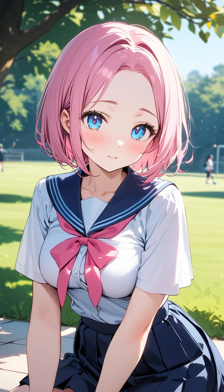 (1 girl),(Best Picture Quality, 8K, Masterpiece:1.3), (high school student:1.5), (pink lob hair:1.1), [skyblue hair:0.1], (bob cut),(forehead:1.2), (cute eyes, pupil black, iris skyblue, youthful face), (standard weight), (medium breasts), (glistening skin:1.1),(pale skin:1.2), ((school uniform, white short simple sleeve shirt, darkblue skirt, pink ribbon)).