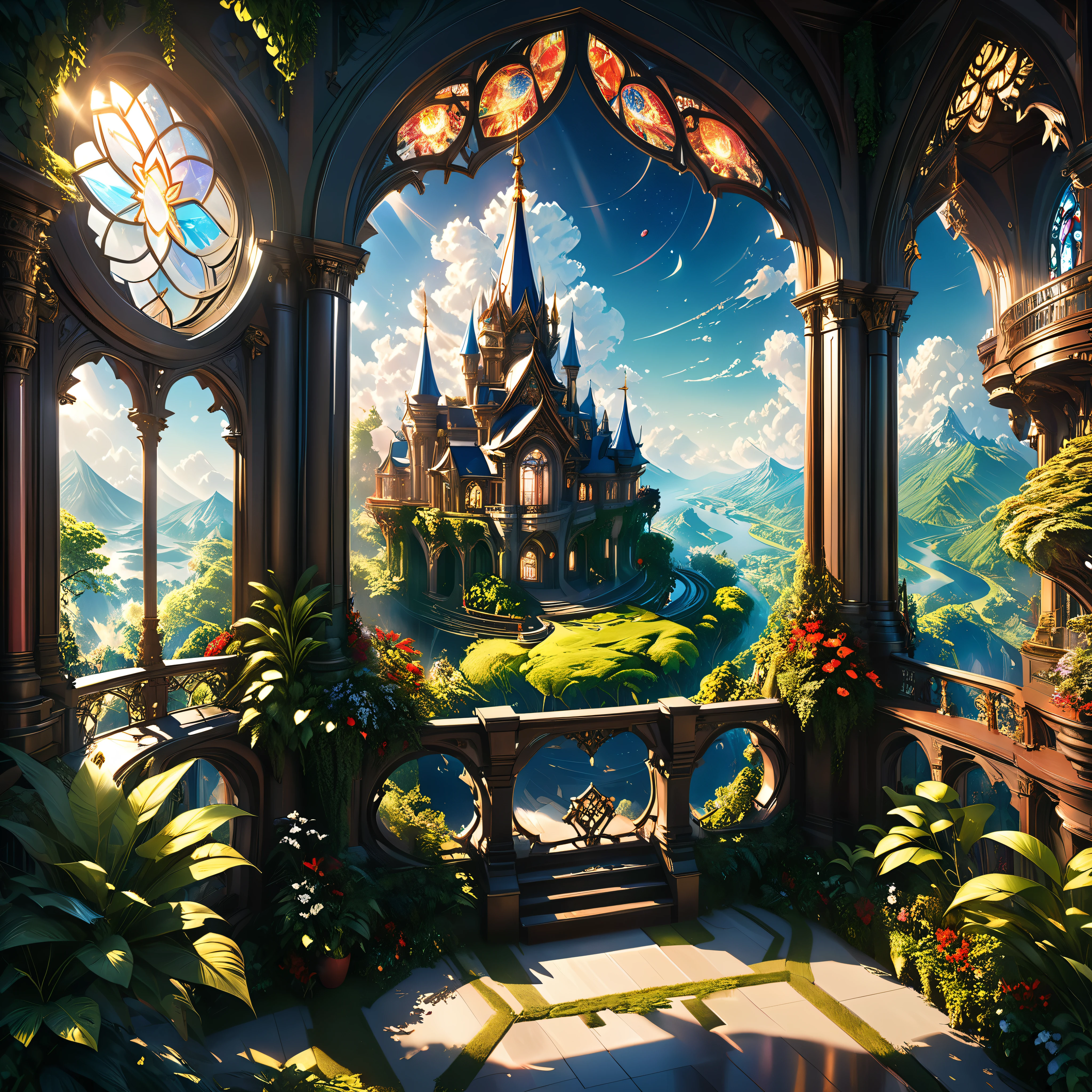 a magnificent floating royal castle in the sky, a huge astronomical telescope on the balcony, ornate architecture, highly detailed, intricate carvings and decorations, glowing crystals, sunlight streaming through stained glass windows, overflowing gardens, lush greenery, (best quality,4k,8k,highres,masterpiece:1.2),ultra-detailed,(realistic,photorealistic,photo-realistic:1.37),detailed lighting, dramatic shadows, vibrant colors, fantasy, digital art, concept art