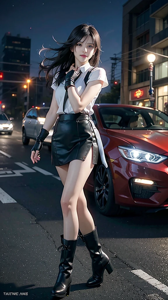 (8K, best quality, masterpiece: 1.2), (Practical, Reality: 1.37), Super Detail, A girl, Lovely, Solitary, (Tifa Lockhart), (Small Breasts), (漂亮的Eye), (Smile: 1.2), (closure), posture, dance, neon, city View, Depth of Field, Dark intense shadows, Clear focus, car, Motion Blur, 摩托car, Depth of Field, work, Glowing green, Final Fantasy VII, date, (nose brush), single Elbow pads, Ankle boots, Black Hair, Black skirt, black thighs, Red boots, Elbow gloves, Elbow pads, Fingerless gloves, Tight shirt, Good exercise, (suspender Black skirt), thigh, White vest, whole body, Headrest, Lips, Pretty Face, Low-tied long hair, (Red_Eye)), Flowers, (night: 1.3), complicated, Bokeh, light, Photon Mapping, Radiosity, Physically Based Rendering, (Tetsuya Nomura style)