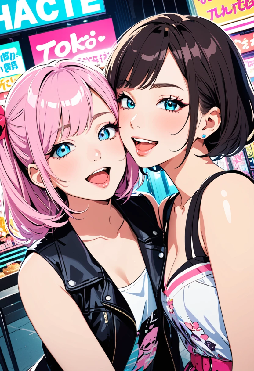 (masterpiece, best quality:1.1),
popart style,flat color,(two girls),cute face,tween Gal,(enjoying purikura),(Harajuku,tokyo),slutty fashion,beautiful detailed scenery, friendly,very happy,beautiful lighting,dynamic angle,depth of field,photographic portrait, sharp,(ahegao,ecstasy, acme, drool,)