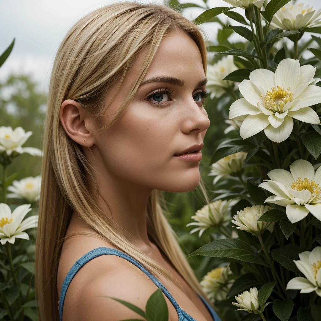 Ultra-realistic action scene of a beautiful blonde woman taking a closer look at American flowers. "Adds highly accurate detail to plants., animal, Columbus&#39; shocked expression&#39;Face, 8K, Cinematic Light, Realistic photos, Octane Rendering, Centered, masterpiece, 35mm,