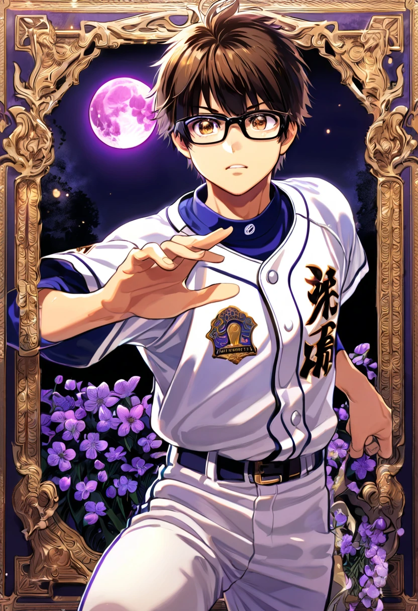 absurdres, highres, ultra detailed, HDR, master piece, best quality, Sawamura Eijun, brown hair, expressive brown eyes, Diamond No Ace, solo, sexy man, handsome, glasses with black frames, white baseball uniform, fantasy, purple moon, purple flowers, purple blossoms, purple petals, fireflies