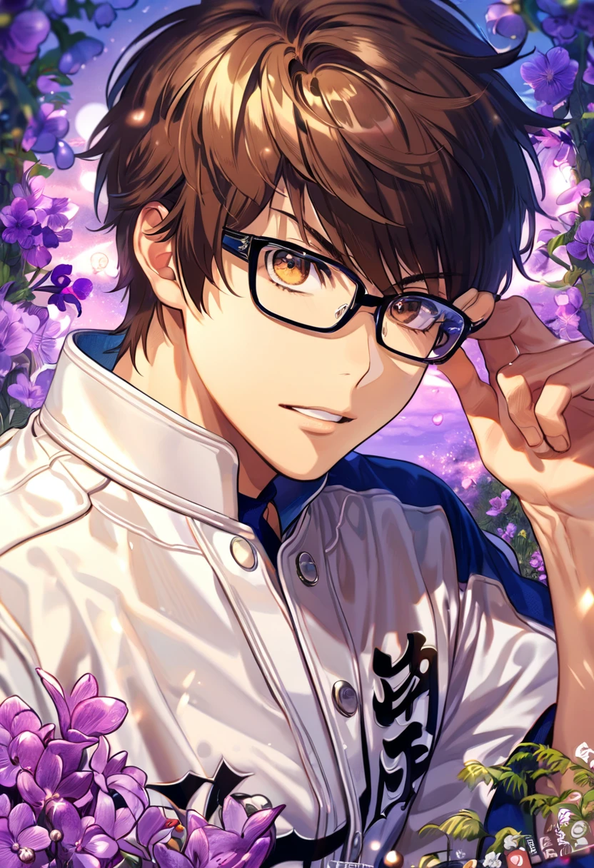 absurdres, highres, ultra detailed, HDR, master piece, best quality, Sawamura Eijun, brown hair, expressive brown eyes, Diamond No Ace, solo, sexy man, handsome, glasses with black frames, white baseball uniform, fantasy, purple moon, purple flowers, purple blossoms, purple petals, fireflies