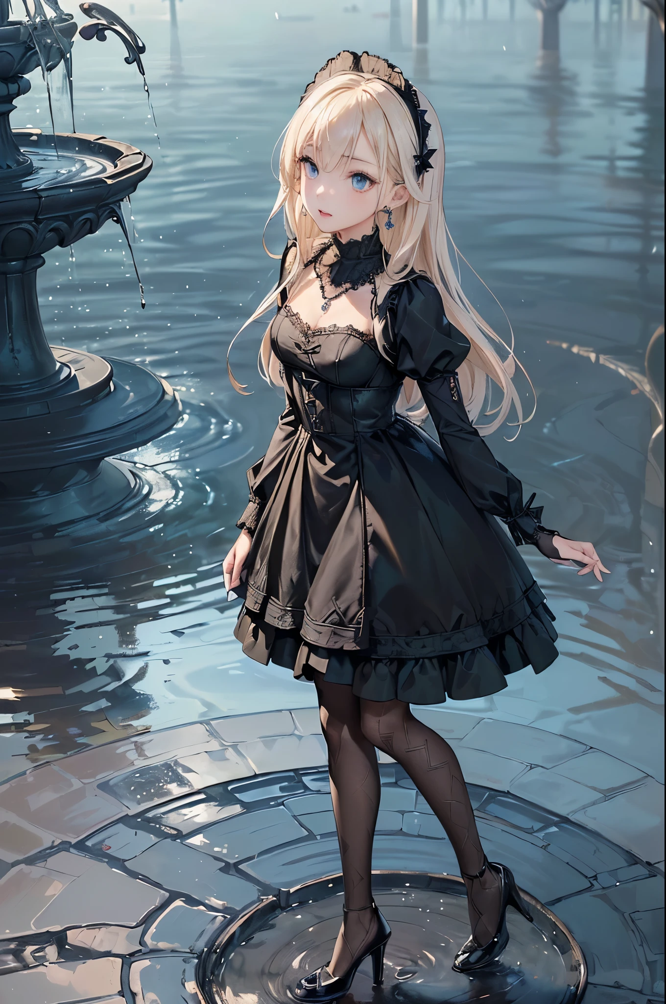 ((Biologically correct limb count))、(( From head to toe、Full-body photo including face))、4K、((Standing position))、masterpiece、((Focus on the face))、((Symmetrical facial features))、Eyes with detailed description、Beautiful woman、Great style、Beautiful arms、Beautiful legs、Beautiful Hands、(Small Ass、Thin thighs)、Facial detailing、Small earrings、necklace、(White see-through gothic dress、((High heels、Patterned black stockings)))、((Standing in front of a fountain in a park, looking up))、(((A flood of letters is falling from the sky)))、Close-up photo of the upper body、Lace gloves、Blonde、rain