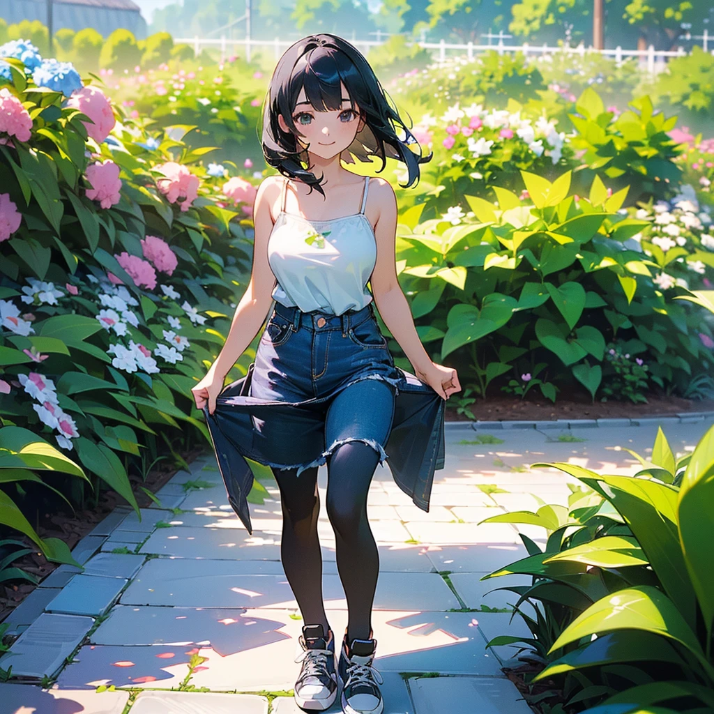 (high quality, High resolution, Very detailed, reality:1.37), Peaceful atmosphere, (Outdoor, garden), girl standing alone, (my breasts are big.), Beautiful details, Cute Smile, (Black bob hair), camisole, Denim skirt, Black tights, sneakers.