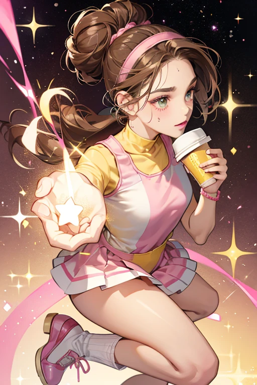 she has light brown skin, dark brown hair tied in buns, withe sweatband, coffee eyes, pink eyeshadow and pink lipstick,and three withe stars on her left cheek. she wears a red long-sleeved top, yellow bracelets, yellow and pink leotard with a withe stripe and withe stars. She also wears white ballerina shoes. SPARKLE; GLITTER
