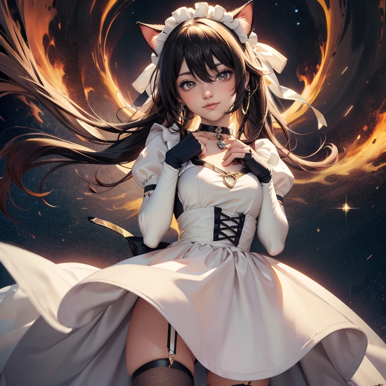 1girl, white maid dress, jewelry, brown hair, flowing hair, long hair, maid dress with a short skirt and layers, white laces, white boots, white dress with transparency, gold details on her clothes, cat ears, animal ears,  more details, perfectly body, perfectly hands, two hands, two legs, two arms, five fingers, glowing hair, best quality, cat ears, animal ears, tail ornament, tail bow, white gloves, two cat tail, white gloves, alone, maid headdress, choker, detached sleeves, maid dress, maid white dress, strapless, masterpeice, best quality, detailed face, night, asymmetrical gloves, bangs, white short skirt , white gloves, white boots, earrings, elbow gloves, fishnet thighhighs, fishmasterpeice, solo, best quality, detailed face, gloves, hair between eyes, jewelry, long hair, looking at viewer, single earring, sky, sleeveless, solo, thigh boots, thighhighs, tongue, tongue out, uneven gloves, cat ears, twintails, cat tail, , solo, alone, Looking at the viewer, More details on the clothes, red flower on her hair, space scenery, maid, maid dress, red details, red flowers, maid headdress, maid apron, brown hair, long hair, seat on the Saturn rings, red details on her clothes, more details on her clothes, gold details on her clothes, space, smiling, standing her hand to a viewer, looking at the viewer, in the background a several asteroids glowing with fiery auras, Dramatic lighting from distant stars and planets illuminates the scene, looking at the vast and mysterious universe, cowboy shot, upper body portrait, more details, sparkle,