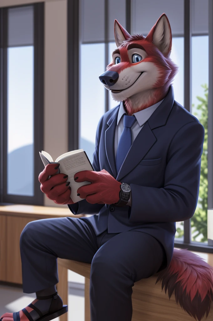 Ivan Fedorovich Wolfbach (Novosibirsk) ,tall handsome, wolf,young, 24 years, brown fur,Kind,(red body:1.3),beautiful blue eyes,Novosibirsk,dressed, shirt, purple tie, trousers,sandals,wolf, detailed fur, male,paw pads, finger claws,At the viewer, 5 fingers, paws, 5 fingers, smile, wrist watch, т nextel,by xenoforge, (difficult, high detail, digital photography, soft focus, RAW variety вкдущий передачи,Very close to the camera, variety,Novosibirsk, smile, good mood, positive, Very close to the camera, is sitting, poet of books, is sitting за компьютером столом, apartment, holding a pen,
Photorealism, realistic, digital style, Subsurface scattering,I look at the viewer,smdit writes a book, a glass of water, handle, paper,
masterpiece, Best quality, ultra realistic, 8 thousand.)