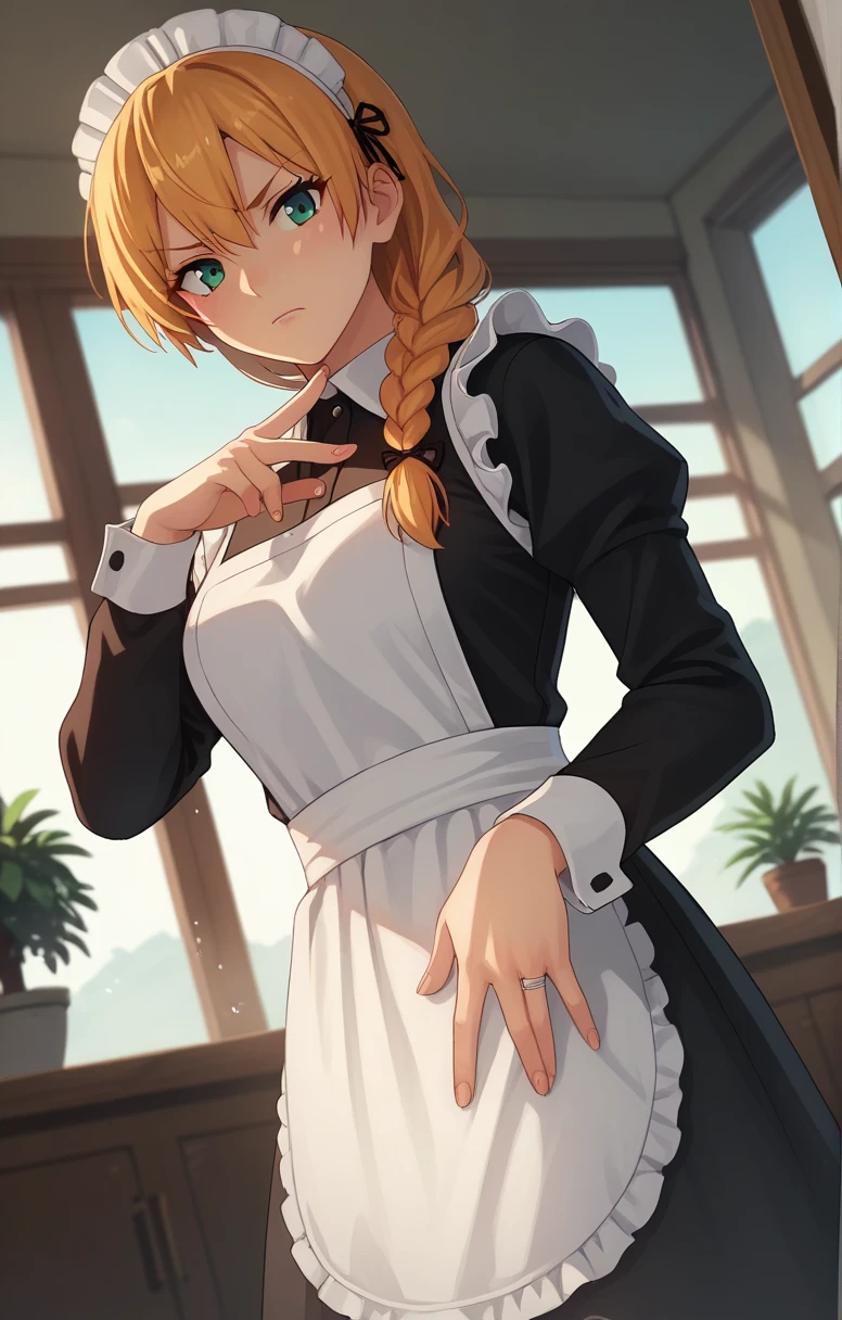 score_9, score_8_up, score_7_up, score_6_up, score_5_up, score_4_up, BREAK source_anime, 1girl, clothed, indoors, potted plant, window, sunlight, by kasumi \(skchkko\), looking at viewer, serious, dutch angle, maid uniform, braid, penetration gesture with fingers