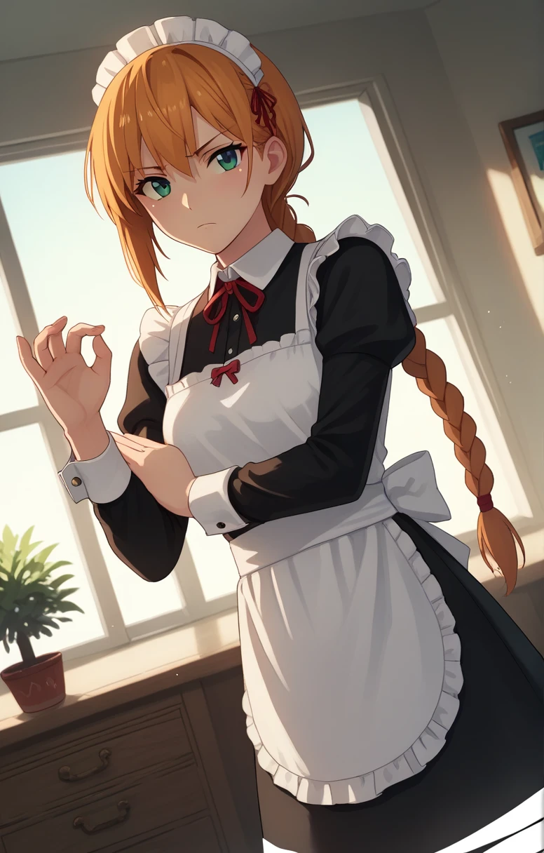 score_9, score_8_up, score_7_up, score_6_up, score_5_up, score_4_up, BREAK source_anime, 1girl, clothed, indoors, potted plant, window, sunlight, by kasumi \(skchkko\), looking at viewer, serious, dutch angle, maid uniform, braid, penetration gesture with fingers