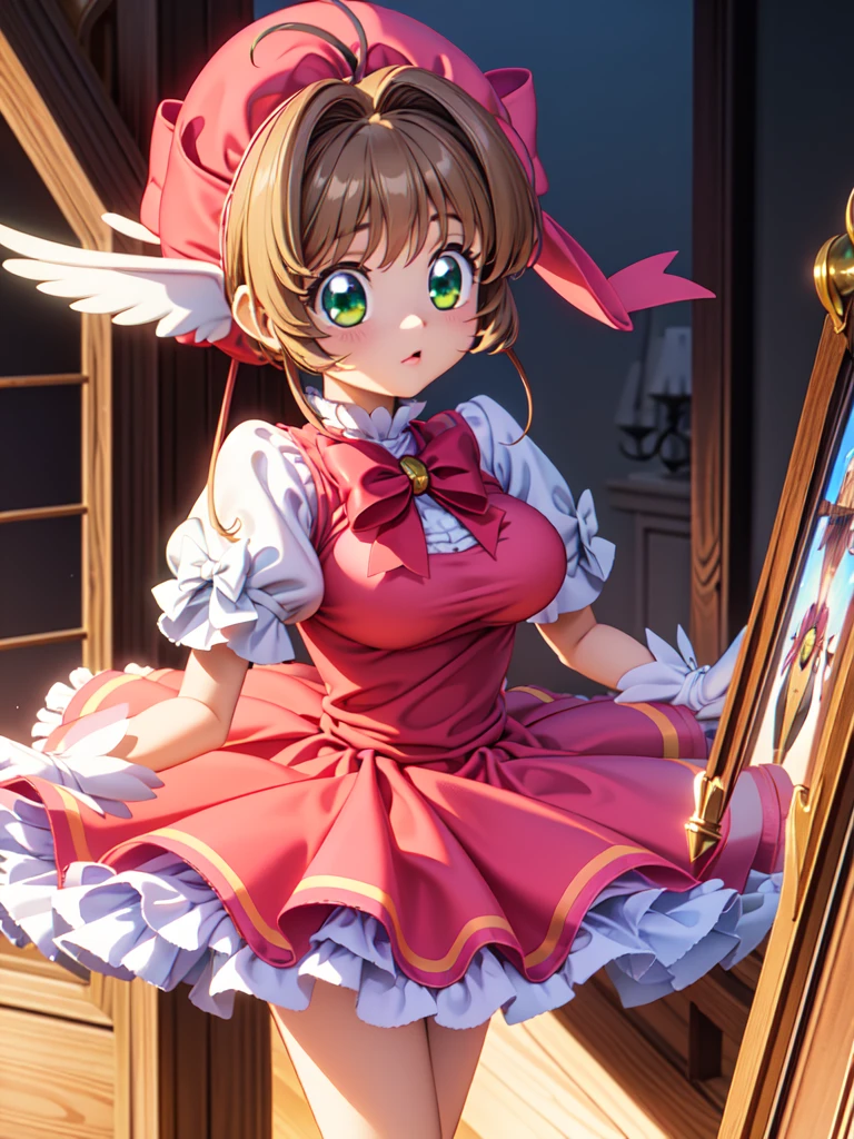 ((Highest quality)), ((masterpiece)), (be familiar with), 3d, Perfect Face, Big eyes, Drooping eyes, eyelash, The sparkling light of the eyes, (card captor sakura), (kinomoto sakura), green eyes, pink headwear, frills, pink dress, puffy short sleeves, white gloves, red bow, (mini skirt lift), (intricate detailed white satin panties), big breasts close your mouth, embarrassed, bed room