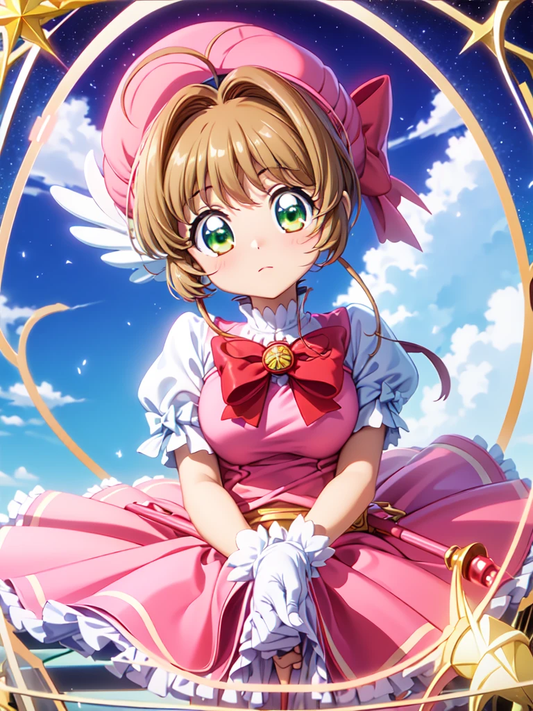 ((Highest quality)), ((masterpiece)), (be familiar with), 3d, Perfect Face, Big eyes, Drooping eyes, eyelash, The sparkling light of the eyes, (card captor sakura), (kinomoto sakura), green eyes, pink headwear, frills, pink dress, puffy short sleeves, white gloves, red bow, (mini skirt lift), (intricate detailed white satin panties), big breasts close your mouth, embarrassed, bed room