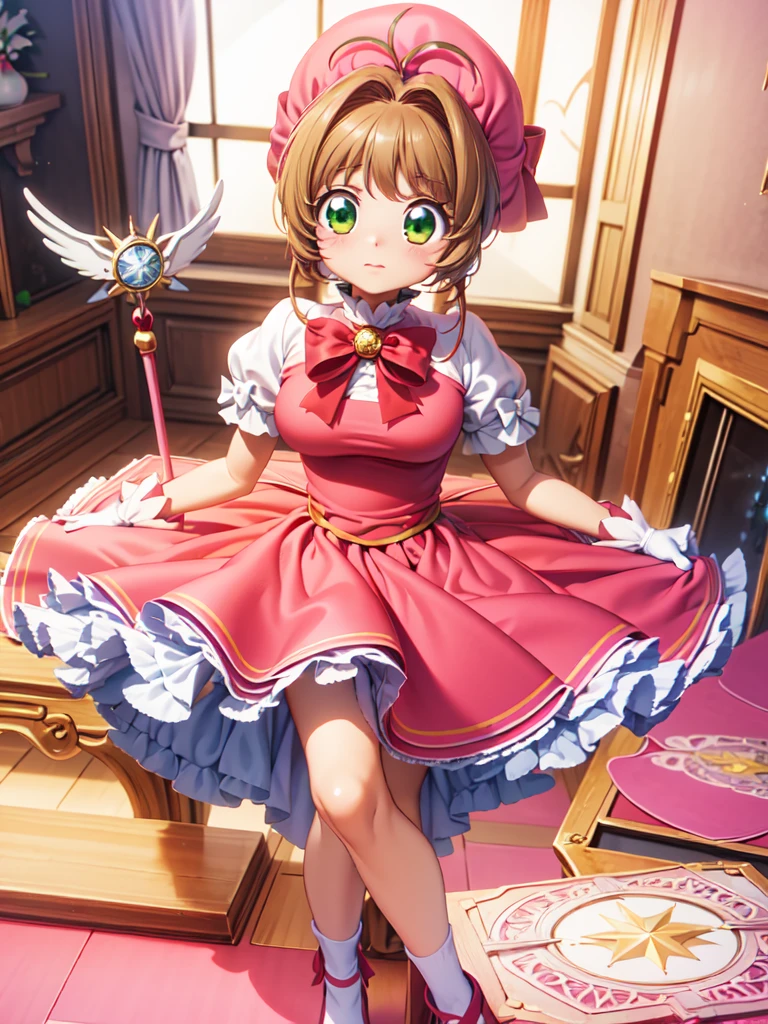 ((Highest quality)), ((masterpiece)), (be familiar with), 3d, Perfect Face, Big eyes, Drooping eyes, eyelash, The sparkling light of the eyes, (card captor sakura), (kinomoto sakura), green eyes, pink headwear, frills, pink dress, puffy short sleeves, white gloves, red bow, (mini skirt lift), (intricate detailed white satin panties), big breasts close your mouth, embarrassed, bed room