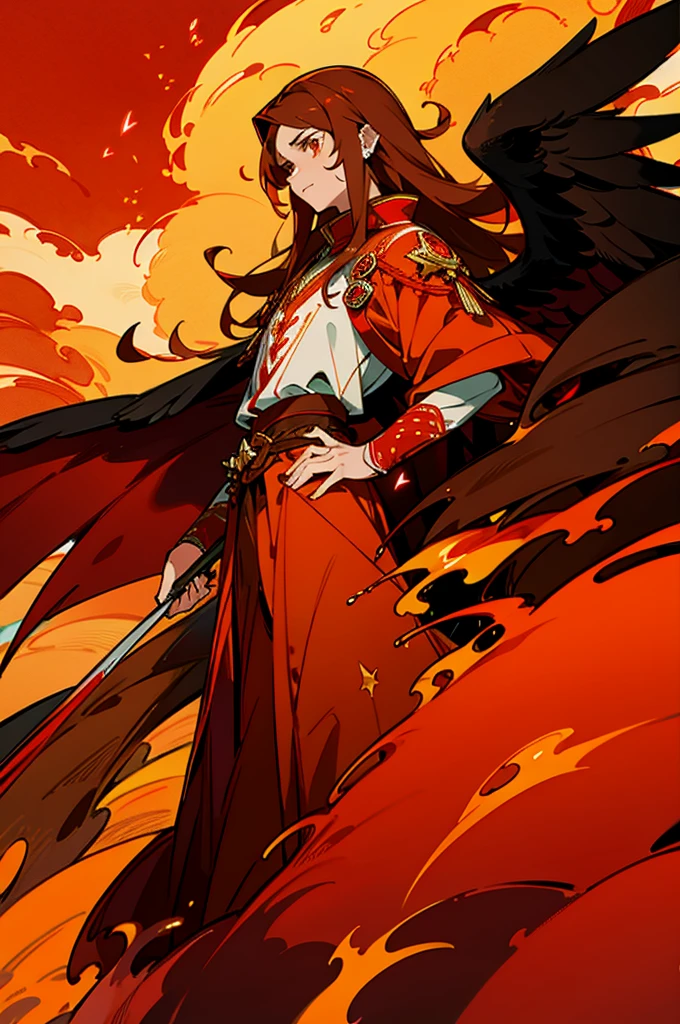 High-quality image of a young man with long brown hair and piercing orange eyes, adorned in mediaval attire, controlling vibrant flames with a pair of enormous crimson wings sprouting from his back, intense and powerful, detailed hair and facial features without facial hair and without fire or accessories on the face looking forward, fiery and majestic, fantasy, vibrant color palette, dramatic lighting