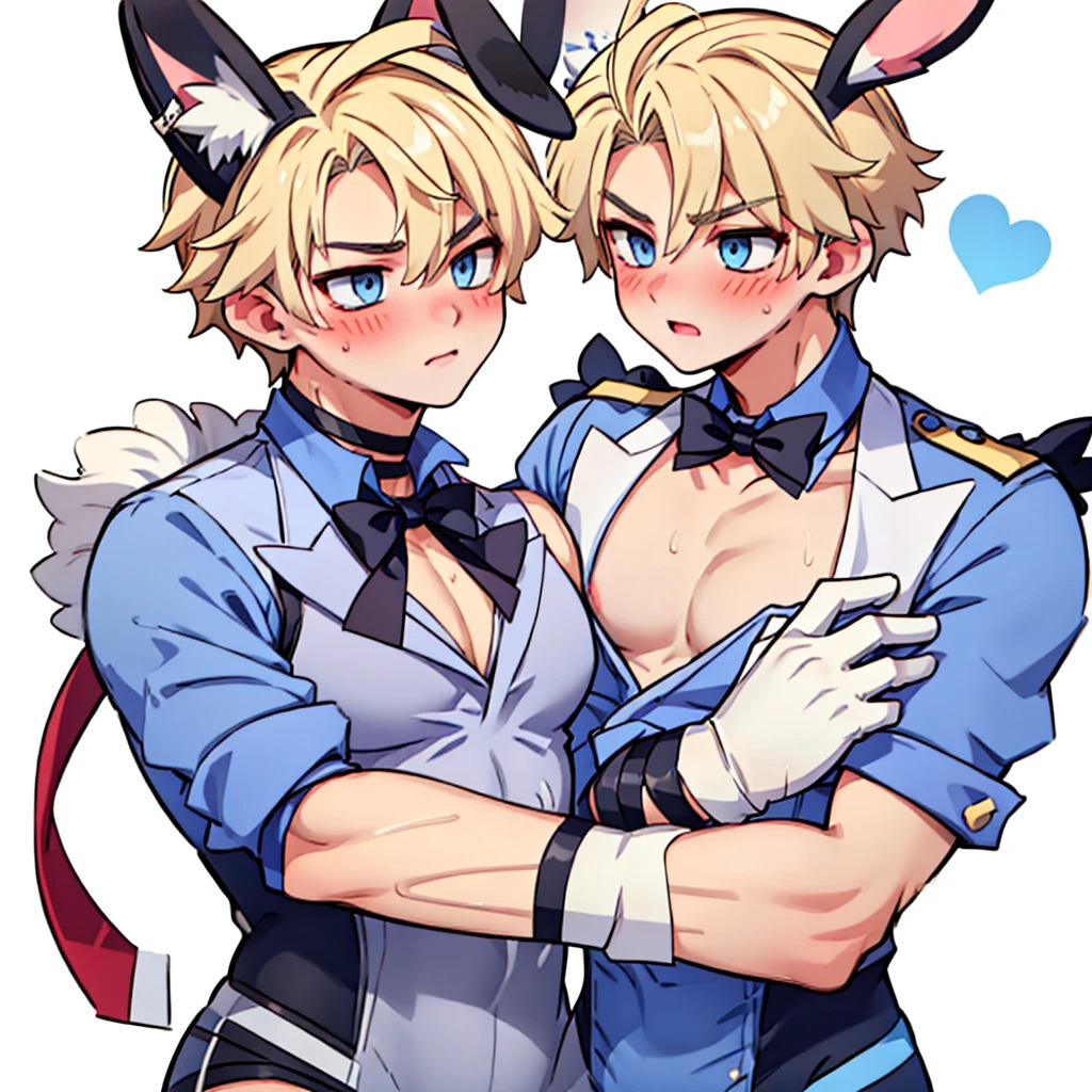 male focus, pectorals, animal ears, gloves, multiple boys, muscular, rabbit ears, muscular male, pasties, blonde hair, blue eyes, 2boys, bowtie, pectoral grab, detached collar, large pectorals, bow, blush, bara, yaoi, grabbing, fake animal ears, upper body, solo focus, groping, white gloves, simple background, abs, white background, male playboy bunny, heart pasties, sweat, covered 