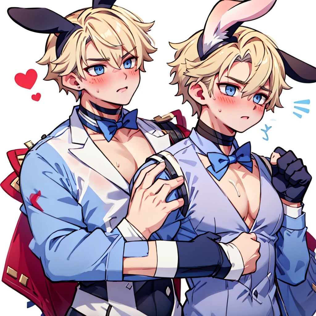 male focus, pectorals, animal ears, gloves, multiple boys, muscular, rabbit ears, muscular male, pasties, blonde hair, blue eyes, 2boys, bowtie, pectoral grab, detached collar, large pectorals, bow, blush, bara, yaoi, grabbing, fake animal ears, upper body, solo focus, groping, white gloves, simple background, abs, white background, male playboy bunny, heart pasties, sweat, covered 