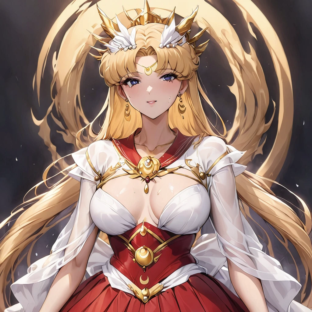 ((Highest quality)), ((masterpiece)), (detailed), (Perfect Face)、The woman has a black inverted crescent moon mark on her forehead, is wearing a gorgeous and glittering red Hanfu, and is an empress wearing a phoenix crown with gorgeous jeweled accessories.、The woman is Black Serenity, the elegant Empress of the Black Moon of the Black Moon Clan, and has blonde hair.2The woman with long hair tied up is Princess Serenity