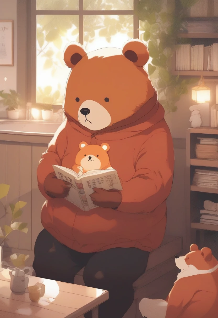 score_9, score_8_up, score_7_up, score_6_up, score_5_up, score_4_up, source_anime, pop illustrations, bear, fox and girl, Finnish picture book style, gentle, warm and soft atmosphere effect, 2.5D