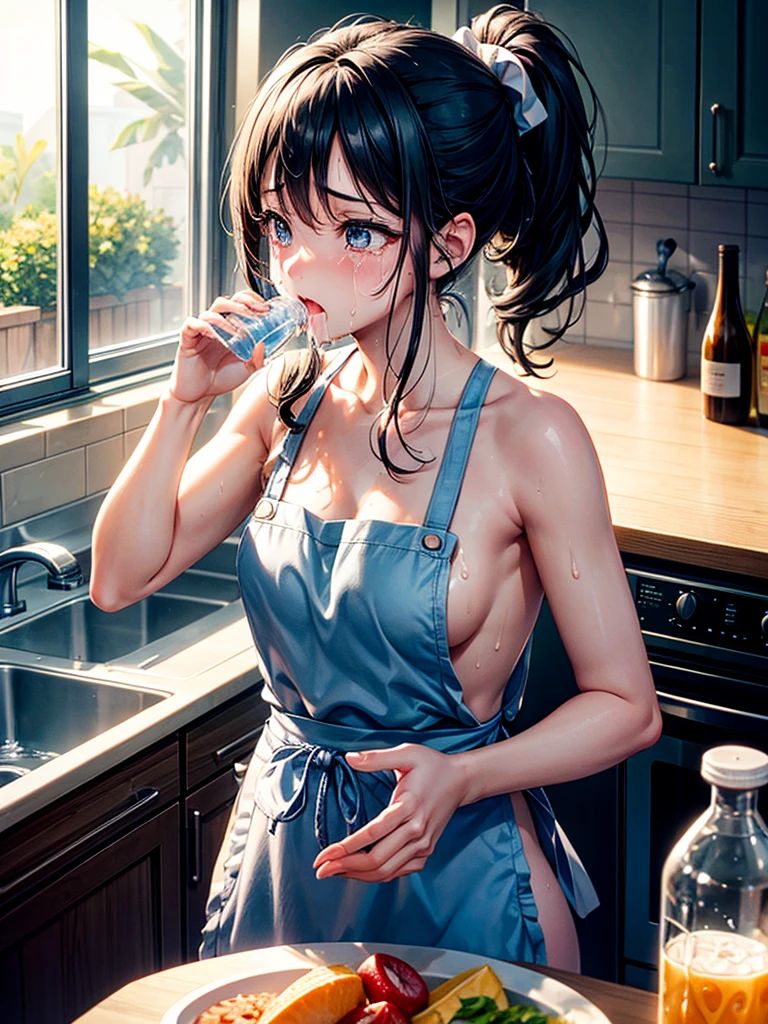 Highest Resolution,Highest quality,A crying beautiful girl in a nude apron drinking water from a plastic bottle,kitchen,Tears,Open your mouth and drool,whole body,front,Sweat profusely,Beautiful eyes,Lots of saliva,Black hair ponytail,