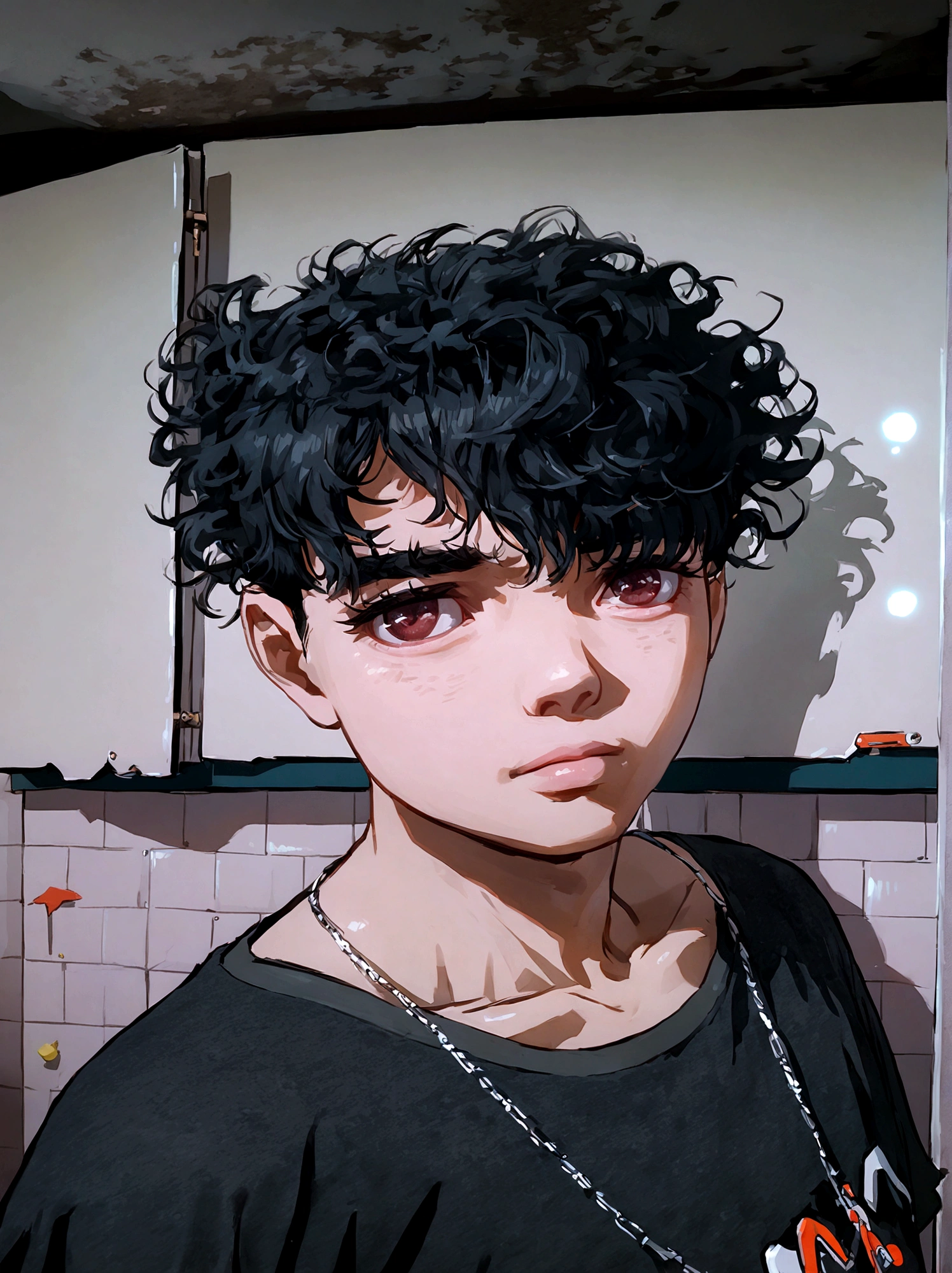 clear man, side shaved hair, curly hair, curly hair, eyes browns, Bblack hair, side shaved hair