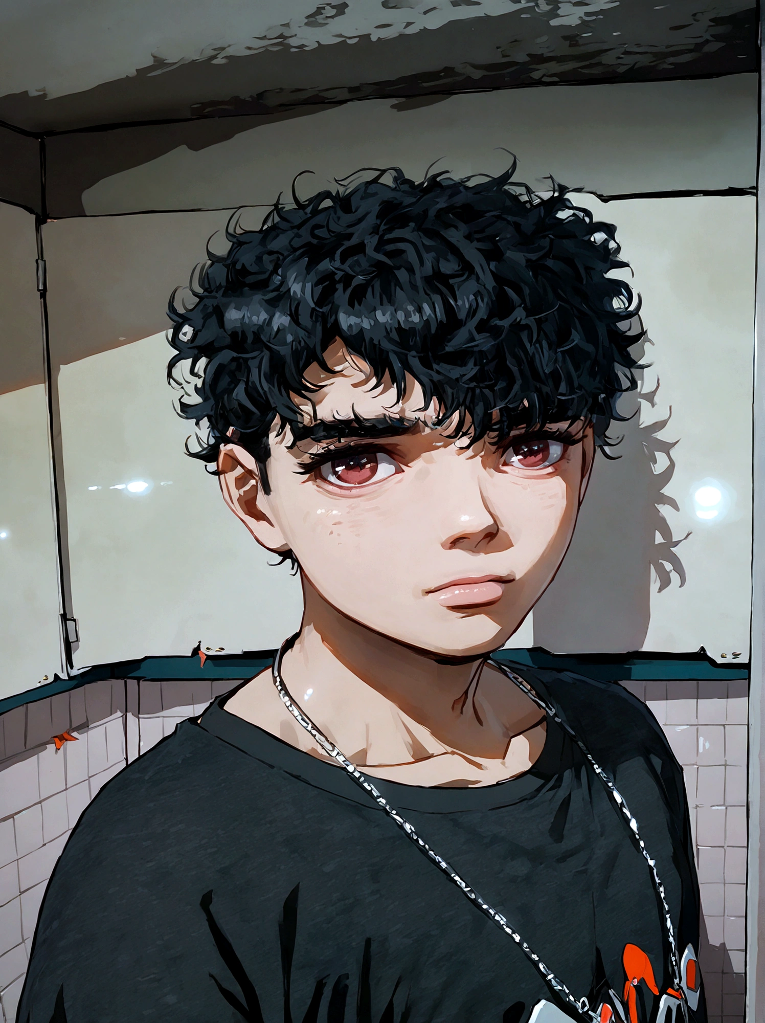 clear man, side shaved hair, curly hair, curly hair, eyes browns, Bblack hair, side shaved hair